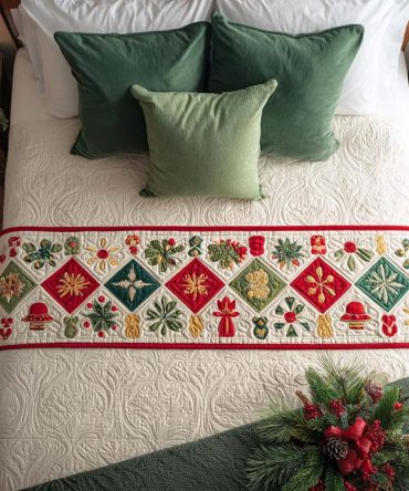 Radiant Yuletide Quilted Bed Runner — Luxurious Holiday Bedding Accent, Festive Quilted Throw In Rich Seasonal Hues For Home Decor