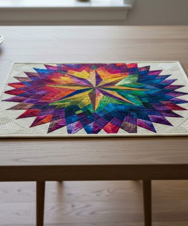Rainbow Star Holiday Quilted Placemat - Festive Christmas Table Mat with Bright Patchwork Stars, Reversible & Machine Washable