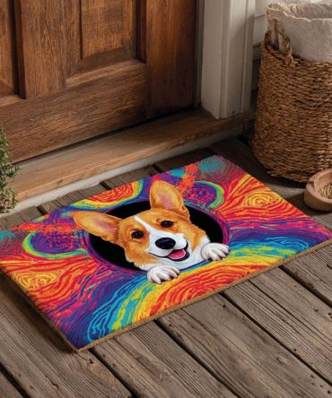 Rainbow Corgi Welcome Mat — Colorful Pet Lover Doormat, Durable Outdoor/Indoor Coir Mat With Cute Corgi Art For Home & Gifts
