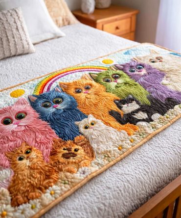 Rainbow Paws Quilted Bed Runner — Colorful Cat Paw Cotton Throw For Kids’ Rooms & Living Areas , Reversible, Durable, Easy Care