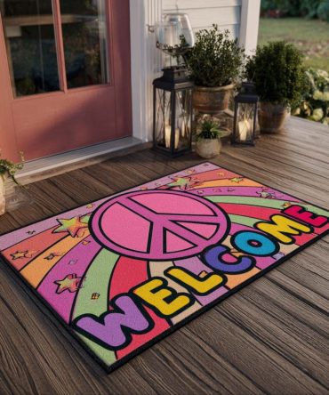 Rainbow Peace Welcome Doormat - Colorful Peace Sign Front Door Mat, Fade-Resistant Non-Slip Outdoor/Indoor Rug For Cheerful Homes