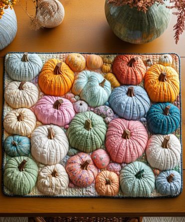 Rainbow Pumpkin Quilted Placemat - Bright Fall Pumpkin Table Mat for Seasonal Decor, Reversible, Heat-Resistant & Machine Friendly