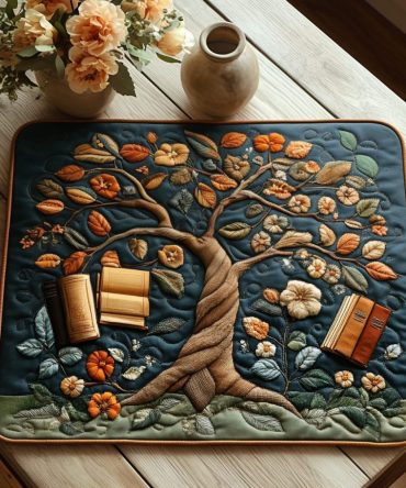 Realistic Tree of Books Quilted Placemat — Literary Tree Design on Quilted Cotton, Decorative & Protective Table Mat for Book Lovers