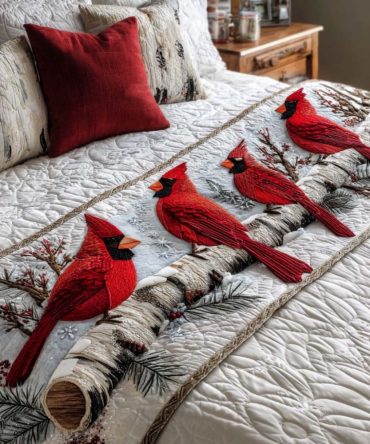 Red Cardinals Quilted Bed Runner — Vibrant Red Bird Motif For Holiday & Rustic Bedrooms, Quilted Decorative Runner To Brighten Queen Or King Beds