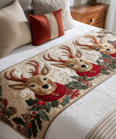 Red Cardinals Quilted Bed Scarf — Festive Cardinal Bedding Accent, Holiday Red & Green Decorative Runner, Reversible Cozy Bedroom Decor