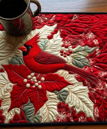 Red Feather Tapestry Quilted Table Placemat — Bohemian Feather Motif in Deep Red, Woven-Look Cotton, Protective & Machine-Washable for Elegant Tables