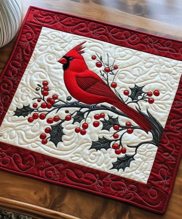 Red Feathered Winter Quilted Placemat — Vibrant Holiday Table Accent With Bold Red Bird Design, Reversible & Easy Care