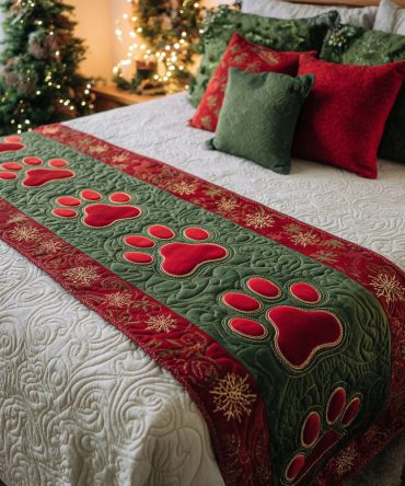 Red Pawpath Quilted Bed Runner — Bold Red Pawprint Bedding Accent For Festive, Pet-Friendly Decorative Styling In Any Room
