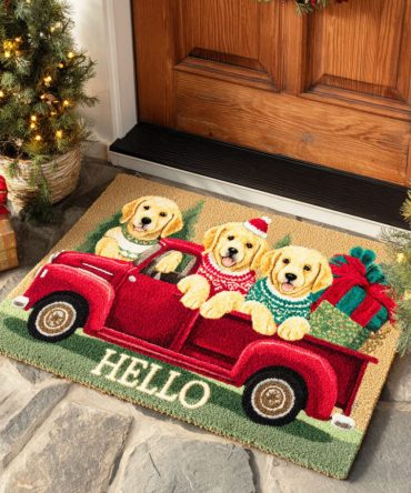 Red Ride Dog Welcome Mat - Retro Scooter Pup Graphic Outdoor/Indoor Doormat, Fade-Resistant Design, Durable Surface & Non-Slip Backing