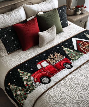 Red Truck Quilted Bed Runner – Retro Holiday Truck Bedding Accent With Plaid Detail, Quilted Decorative Runner For Cozy Seasonal Bedroom Styling