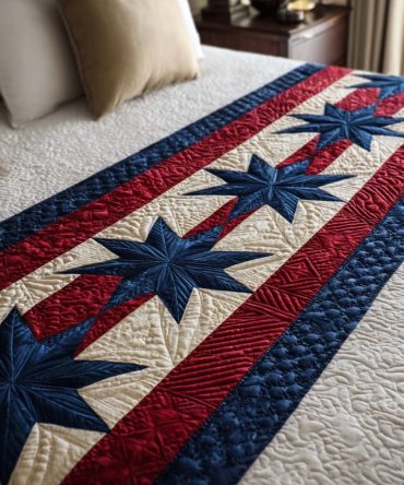 Patriotic Red & White Stars Quilted Bed Runner - Americana Decorative Bed Scarf, Reversible Cotton Blend For Holiday, Summer, And Everyday Styled Beds