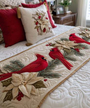 Redbird Gathering Quilted Bed Scarf — Festive Redbird Runner For Rustic & Woodland Bedrooms, Textured Quilting And Nature-Inspired Accent