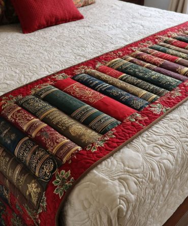 Redbound Stories Quilted Bed Runner — Vintage Red Book Spine Design, Decorative Quilted Bed Scarf For Warm, Classic Bedrooms