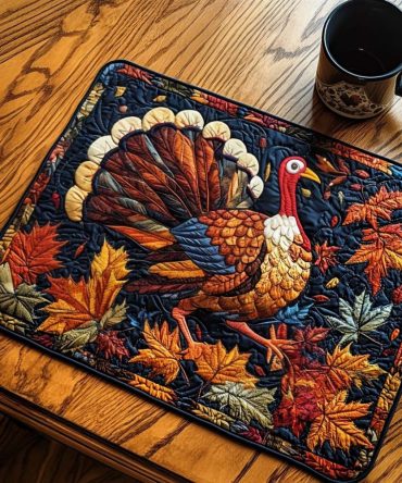 Regal Autumn Strut Quilted Dining Placemat — Elegant Turkey Motif in Rich Fall Hues, Quilted Cotton Protection, Sophisticated Seasonal Table Accent