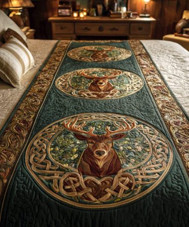 Regal Hart Quilted Bed Scarf — Elegant Stag Motif With Luxe Quilting For Holiday Lodge & Formal Bedroom Accents, Lightweight Design