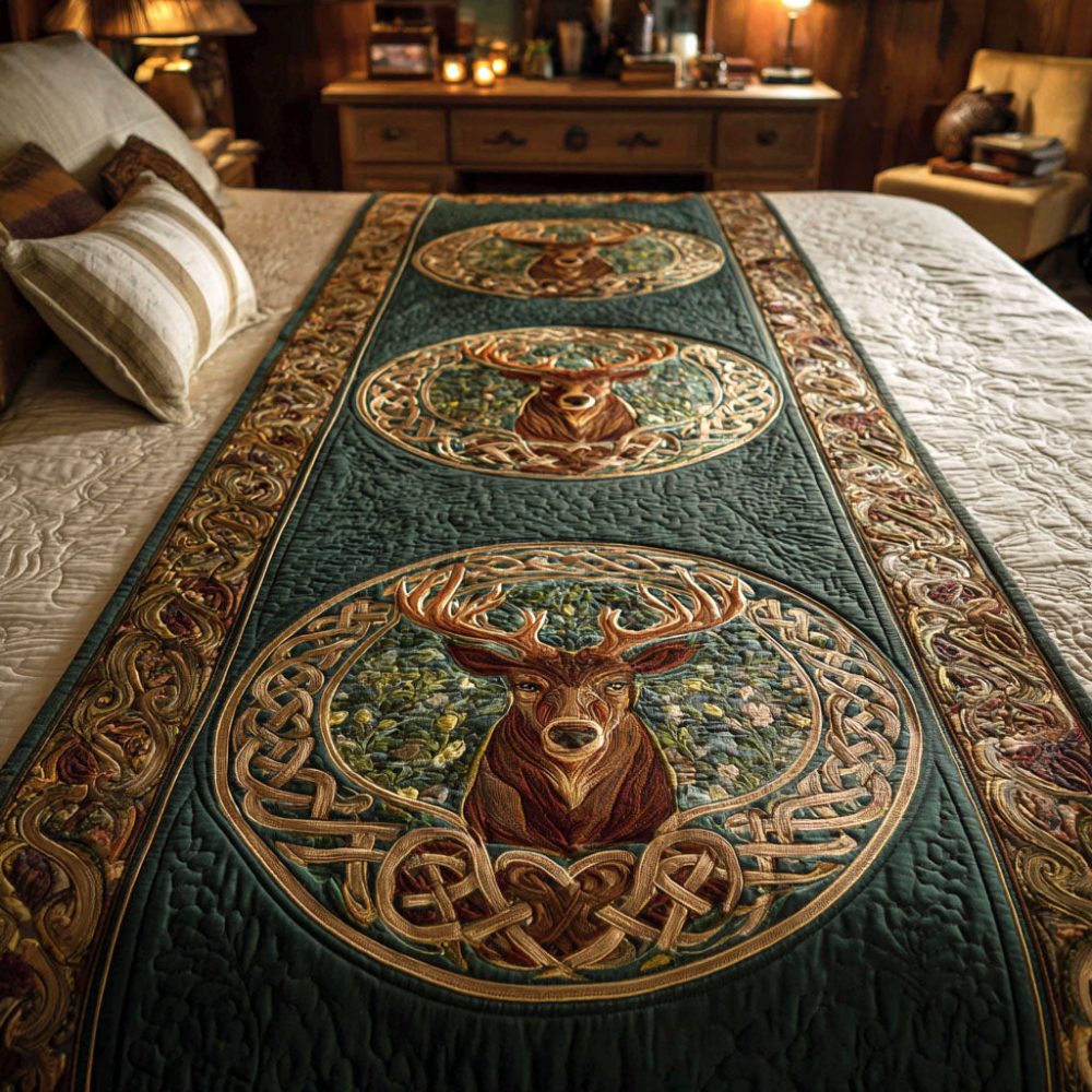 Regal Hart Quilted Bed Scarf — Elegant Stag Motif With Luxe Quilting For Holiday Lodge & Formal Bedroom Accents, Lightweight Design