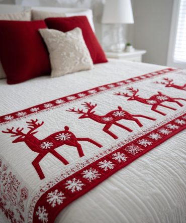 Reindeer Delight Quilted Bed Runner - Charming Nordic Reindeer Holiday Bed Scarf For Queen, King & Twin Beds, Soft Cotton