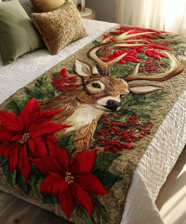 Reindeer Glow Quilted Bed Runner — Festive Christmas Reindeer Bed Scarf For Holiday Bedroom Décor, Warm & Washable