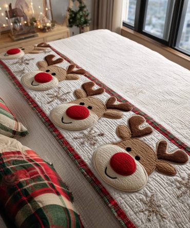 Nordic Reindeer Holiday Quilted Bed Runner — Luxury Festive Bedding Accent, Soft Cotton-Blend, Reversible & Machine-Washable
