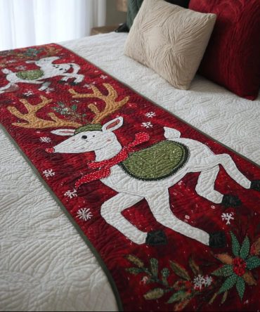 Reindeer Magic Quilted Bed Runner — Holiday Reindeer Bed Scarf With Warm Quilting, Perfect For Christmas Bedroom Decor