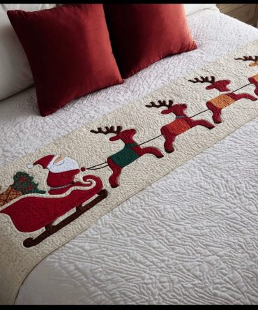 Reindeer Spirit Quilted Bed Runner — Charming Holiday Bed Scarf With Reindeer Motif, Cozy Festive Bedroom Accent