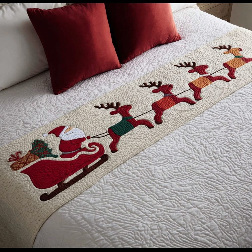 Reindeer Spirit Quilted Bed Runner — Charming Holiday Bed Scarf With Reindeer Motif, Cozy Festive Bedroom Accent