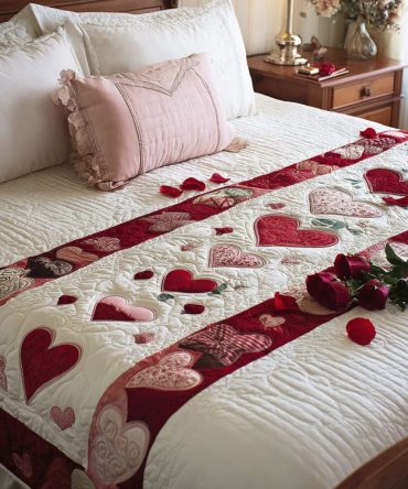 Romantic Quilted Bed Runner With Heart Accents - Luxury Decorative Bed Scarf, Reversible Cotton Blend For Cozy, Elegant Bedroom Decor And Gifting