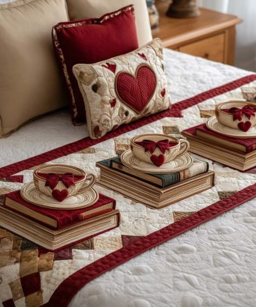 Romantic Pages Quilted Bed Runner — Book-Themed Heart Accent Bedding, Soft Quilting, Stylish Bedroom Layering Piece
