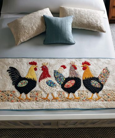 Regal Rooster Quilted Bed Runner — Rustic Farmhouse Rooster Cotton Bed Scarf For Queen & King, Country-Chic Decorative Accent, Reversible & Machine Washable
