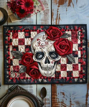 Rose Calavera Quilted Placemat — Day of the Dead Inspired Calavera & Rose Quilted Table Mat, Cotton, Durable, Machine Washable