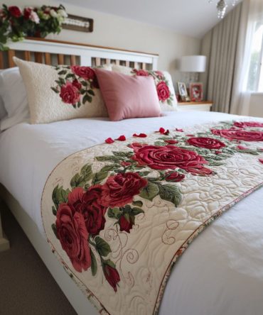 Rose Garden Hearts Quilted Bed Runner - Romantic Floral Bed Scarf With Heart Motifs, Soft Cotton-Blend, Perfect For Valentine'S & Charming Bedrooms