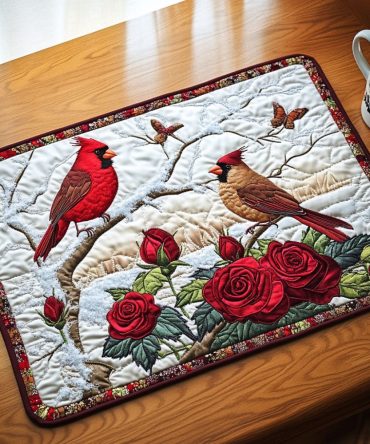Rosey Cardinals Quilted Placemat — Soft Pink Cardinal Table Accent, Quilted Padded Mat for Feminine Table Settings, Durable & Machine-Washable Design