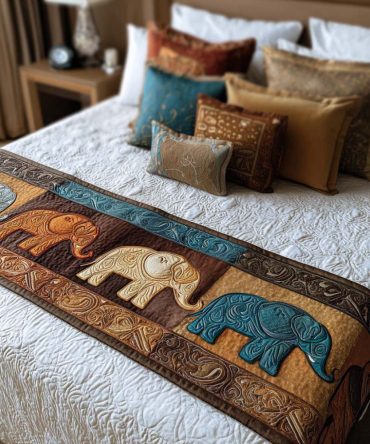 Regal Elephant Quilted Bed Runner — Ornate Royal Motif Cotton Bed Scarf For Queen & King, Indian-Inspired Boho Home Accent, Reversible & Durable