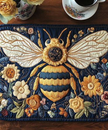 Royal Honeybee Quilted Placemat - Elegant Bee Crest with Gold Accents, Premium Quilting, Reversible and Gift-Ready Table Mat