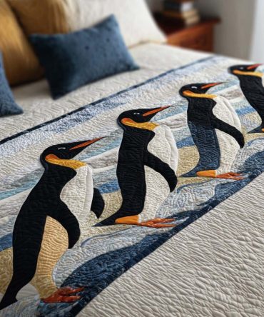 Royal Penguins Quilted Bed Runner - Elegant Festive Bedding Accent With Quilted Embellishment, Reversible Design For Queen & King Beds, Chic Holiday Decor