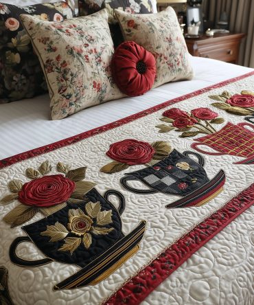 Royal Rose Pour Quilted Bed Scarf — Elegant Rose Pattern Runner For Romantic Bedroom Decor, Soft Quilting, Refined Accent Accent Bedding