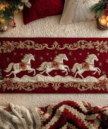 Royal Yuletide Riders Quilted Bed Runner — Holiday Equestrian Theme Bed Scarf, Luxurious Quilting For Festive Bedroom & Guest Suites