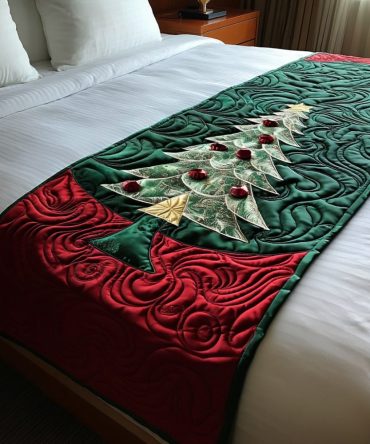 Elegant Ruby Christmas Tree Quilted Bed Runner — Rich Red Holiday Bed Scarf, Quilted Festive Accent For Bedroom, Giftable