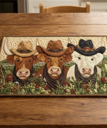 Rustic Trail Cow Quilted Table Placemat - Country Farmhouse Cow Print Dining Mat, Durable Cotton, Easy Care & Spot Resistant
