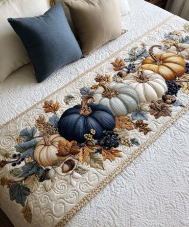 Rustic Blue Harvest Quilted Bed Runner — Autumn & Farmhouse Bedding Accent, Textured Quilting For Cozy Country Style