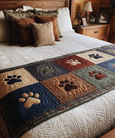 Rustic Pawrow Quilted Bed Runner - Country Pet-Themed Bed Scarf With Paw Motifs, Durable Cotton-Blend, Cozy Farmhouse Accent For Animal Lovers