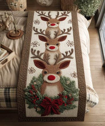 Rustic Reindeer Quilted Bed Runner – Lodge-Style Holiday Bedding Accent With Nature Motifs, Cozy Cotton-Blend, Reversible