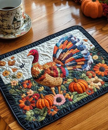 Rustic Turkey Path Quilted Placemat — Country Thanksgiving Table Decor, Quilted Cotton Padding, Heat-Resistant & Machine Washable