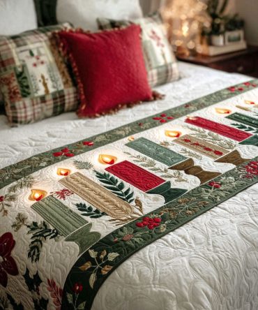 Sacred Flame Quilted Bed Scarf — Warm Ember Holiday Bed Runner, Quilted Throw Accent For Luxurious Seasonal Bedroom Styling