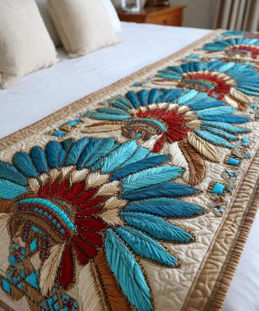 Sacred Headdress Quilted Bed Runner - Tribal Feather Motif Bed Scarf, Artisan-Inspired Boho Accent, Reversible Cotton Throw For Bedrooms