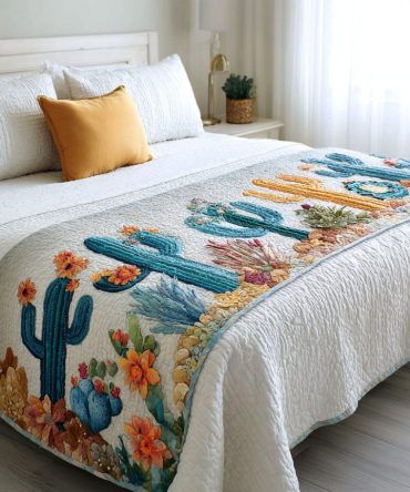 Sandy Blossoms Quilted Bed Scarf — Coastal-Inspired Decorative Runner, Soft Reversible Cotton-Blend Accent