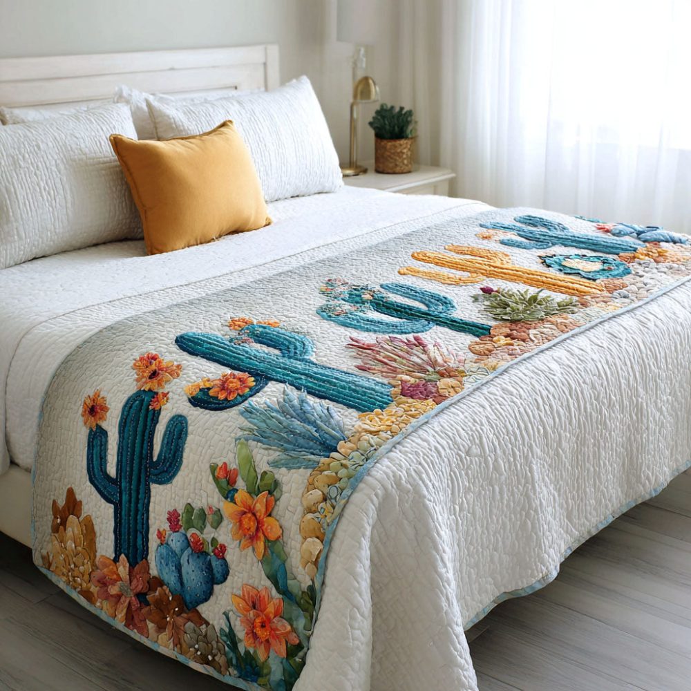 Sandy Blossoms Quilted Bed Scarf — Coastal-Inspired Decorative Runner, Soft Reversible Cotton-Blend Accent