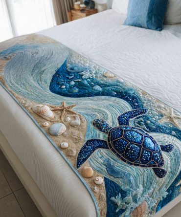 Sandy Steps Quilted Bed Runner — Coastal Beach-Themed Decorative Bed Scarf For Nautical & Summer Bedrooms, Reversible, Lightweight