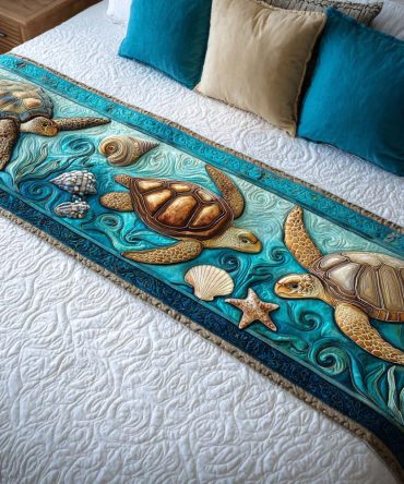 Sandy Turtle Tracks Quilted Bed Runner — Coastal Cotton Throw With Subtle Turtle & Sand Motifs, Relaxed Accent For Beachy Bedrooms