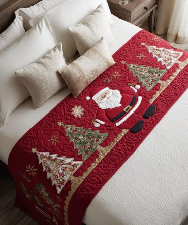 Santa Parade Quilted Bed Runner — Classic Christmas Bedding Accent, Festive Quilted Scarf To Elevate Holiday Bedroom & Guest Room Decor